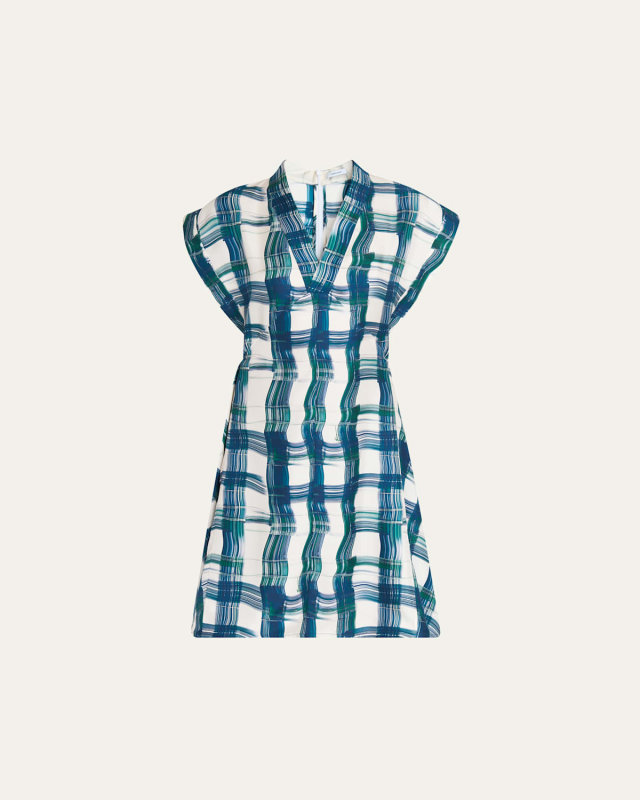 Brushstroke Check Short Silk Dress